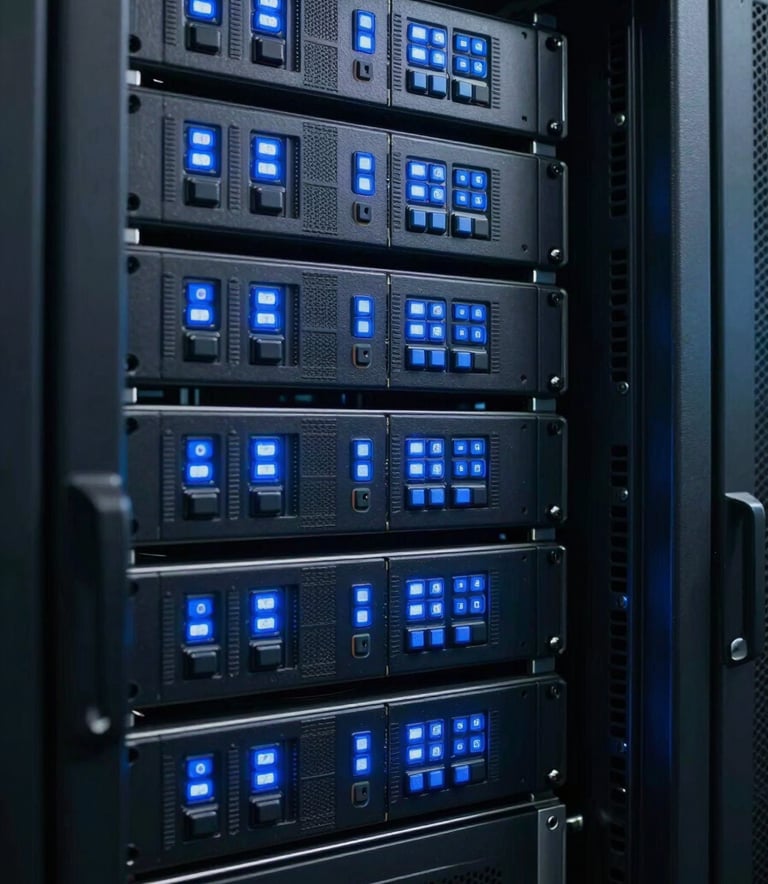 A close-up photograph of high-tech server hardware inside a data center, featuring glowing blue indicators and dark charcoal racks, conveying innovation and sophisticated infrastructure.