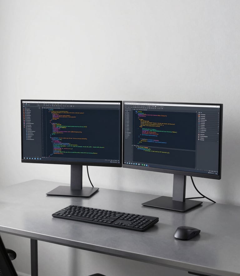 A wide-angle professional photograph of a clean, minimalist workstation featuring dual monitors showing lines of code and data analytics, set against a Soft White wall and a Steel Gray desk.