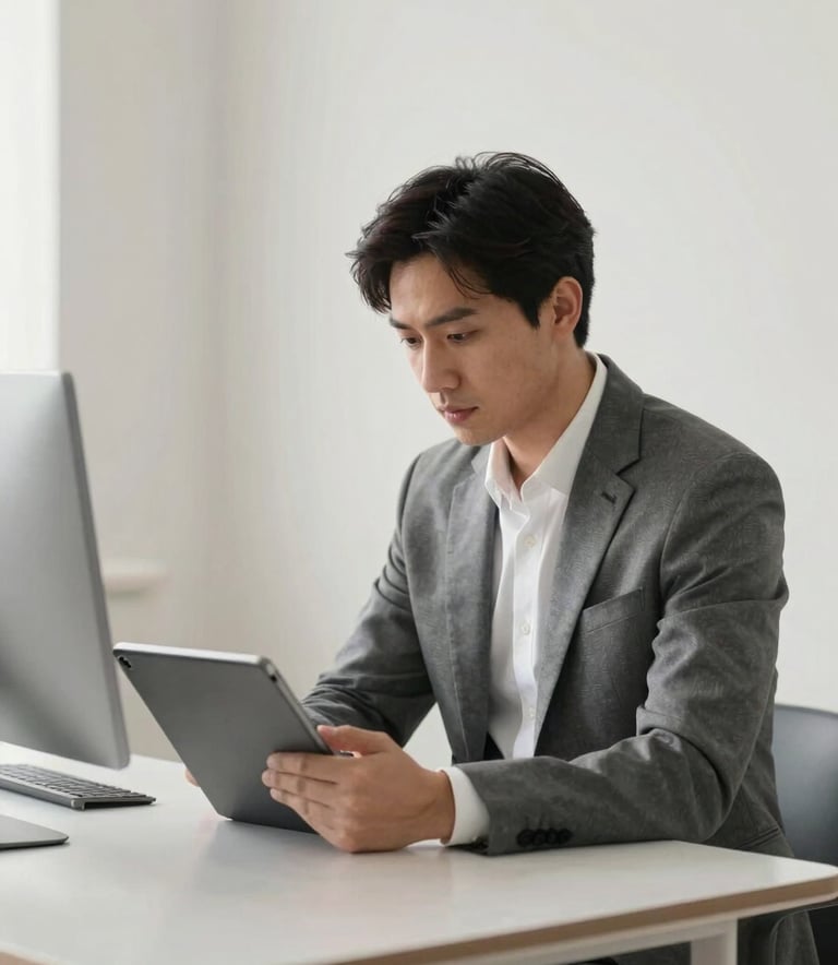 A professional IT consultant in a sharp suit working with a tablet in a bright, soft off-white office space with steel grey minimalist decor.