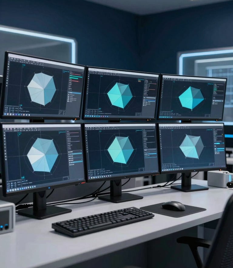 A modern technical workspace with multiple monitors displaying geometric 3D engineering models. The room features dark navy blue walls and light grey technical equipment with electric blue accent lighting.