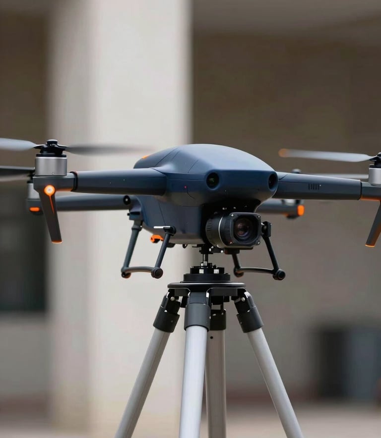 A sleek, industrial drone being prepared for a photogrammetry mission. The drone is matte dark navy with vibrant orange accents, standing on a light grey tripod against an architectural background.
