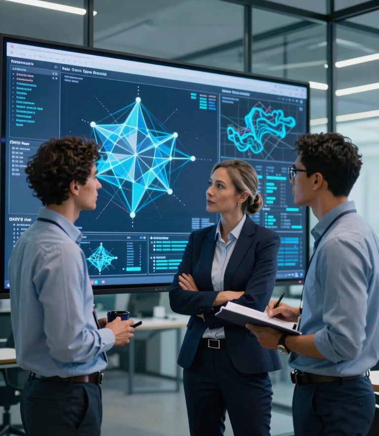 A group of three diverse engineers in professional attire collaborate in a modern, glass-walled office. They are gathered around a large screen displaying complex geometric 3D models and topographical data. The lighting is cool with electric blue and dark navy blue tones.
