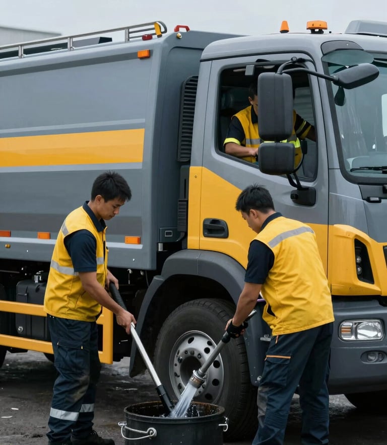 A service team performing septic tank cleaning and siphoning using a modern service truck, professional action shot, muted blue-grey and deep service yellow tones.