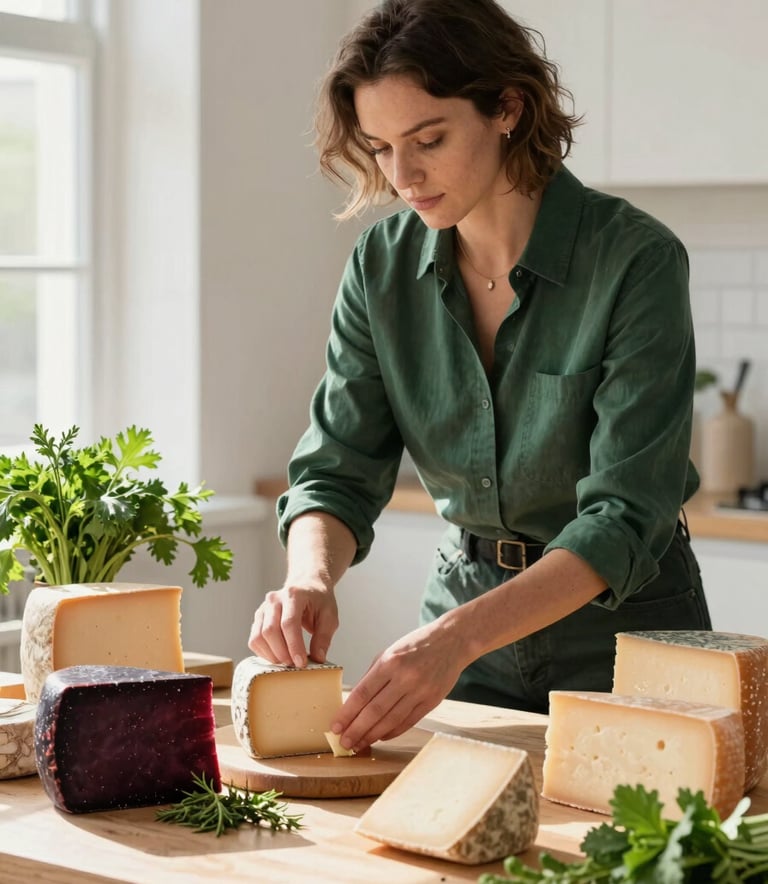 A high-end photography shot of a digital marketing specialist in a bright, modern studio in North American / Western European, meticulously arranging a composition of artisanal cheeses and fresh herbs for a social media photoshoot. Natural light streams from the side, highlighting textures and colors like Deep Ripe Crimson and Matte Forest Green.
