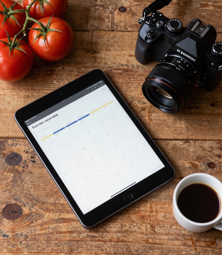 A top-down lifestyle photograph of a rustic wooden desk in a North American / Western European office. On the desk are a tablet showing a content calendar, a professional camera, fresh vine-ripened tomatoes, and a cup of espresso. The mood is professional and organized with a cozy, artisanal touch.