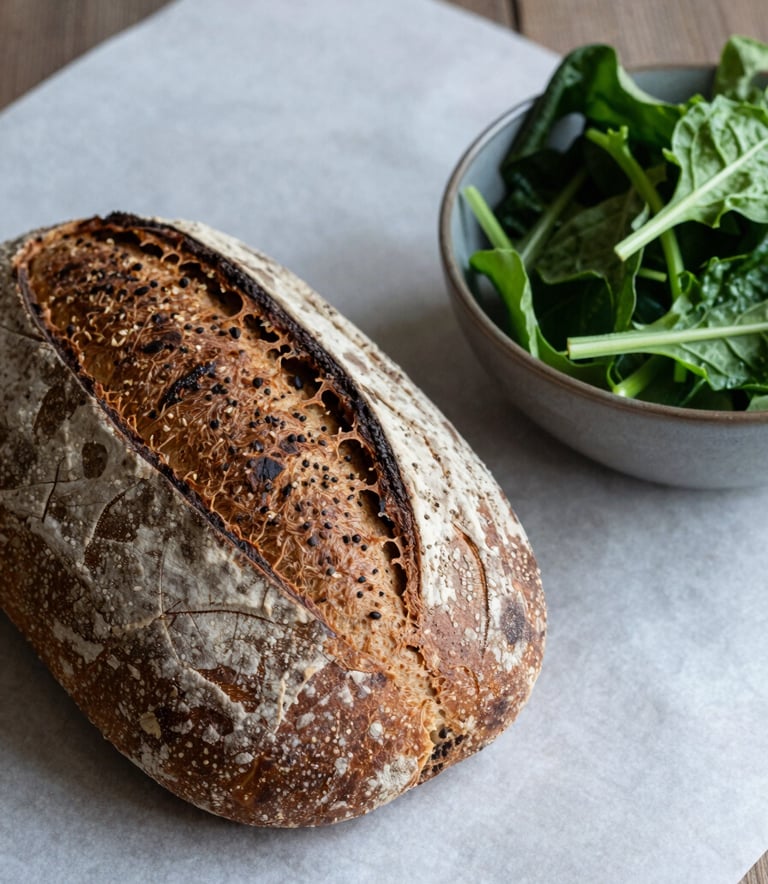 A cozy, Scandinavian-style food photograph featuring a rustic loaf of bread and a bowl of fresh greens on a crisp parchment surface. The lighting is soft, creating an approachable and high-quality artisanal feel. North American setting.