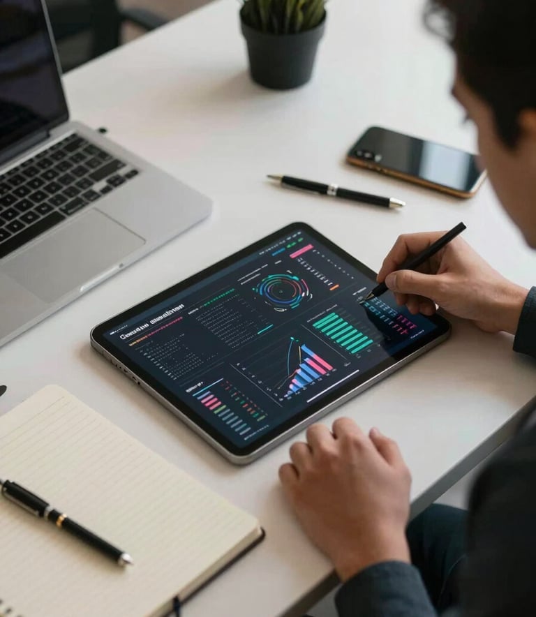 A top-down shot of a modern Latin American office desk featuring a tablet displaying data visualizations and a notebook, reflecting academic rigor and professionalism.