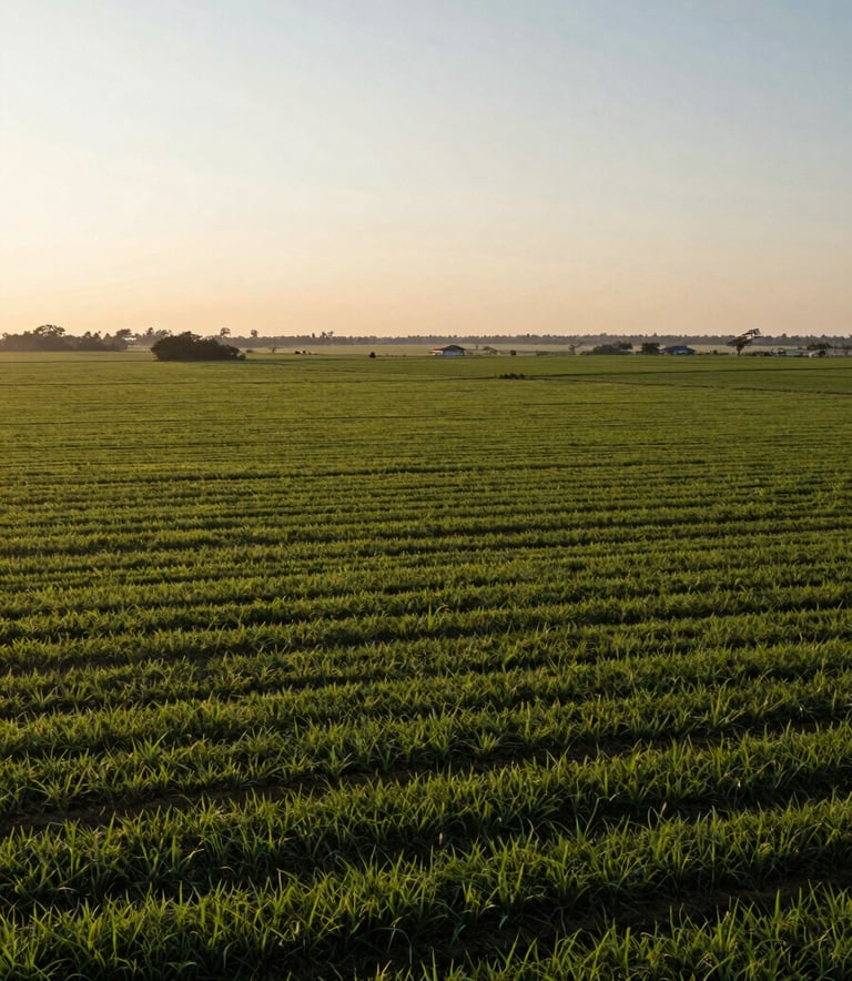 A professional wide-angle photograph of an agricultural landscape in a Latin American region at dawn, emphasizing the vast scale of the fields with a clean, modern, and serious atmosphere.