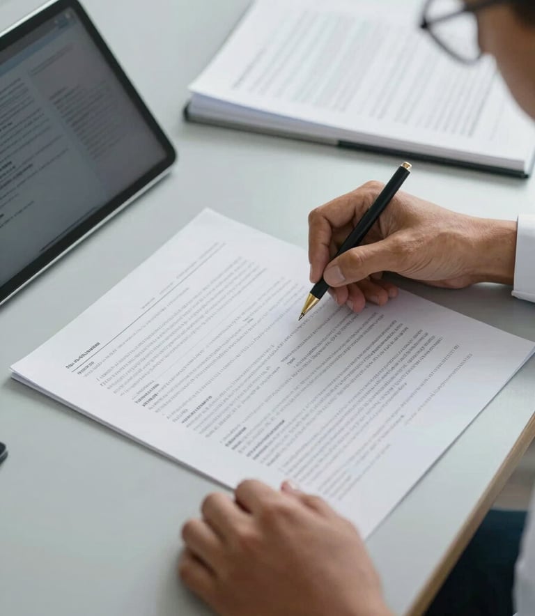 Close-up photography of a professional Latin American researcher's workspace. A pair of hands is carefully organizing high-quality printed academic reports and a modern tablet on a clean surface. Minimalist aesthetic, bright natural daylight, dominated by light gray and charcoal tones.