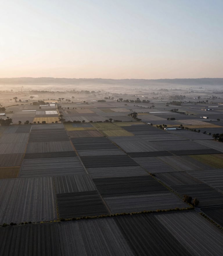 Photography of a vast Latin American agricultural valley at dawn, captured from a high angle showing geometric patterns of cultivated fields. Soft morning light, professional and serene mood. Palette includes soft light gray mist and dark gray soil.