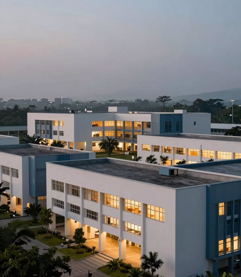 A wide shot of a modern Southeast Asian / Indonesian college campus at dusk, illuminated with warm lights, featuring pale mist white walls and muted steel blue accents, serene atmosphere.