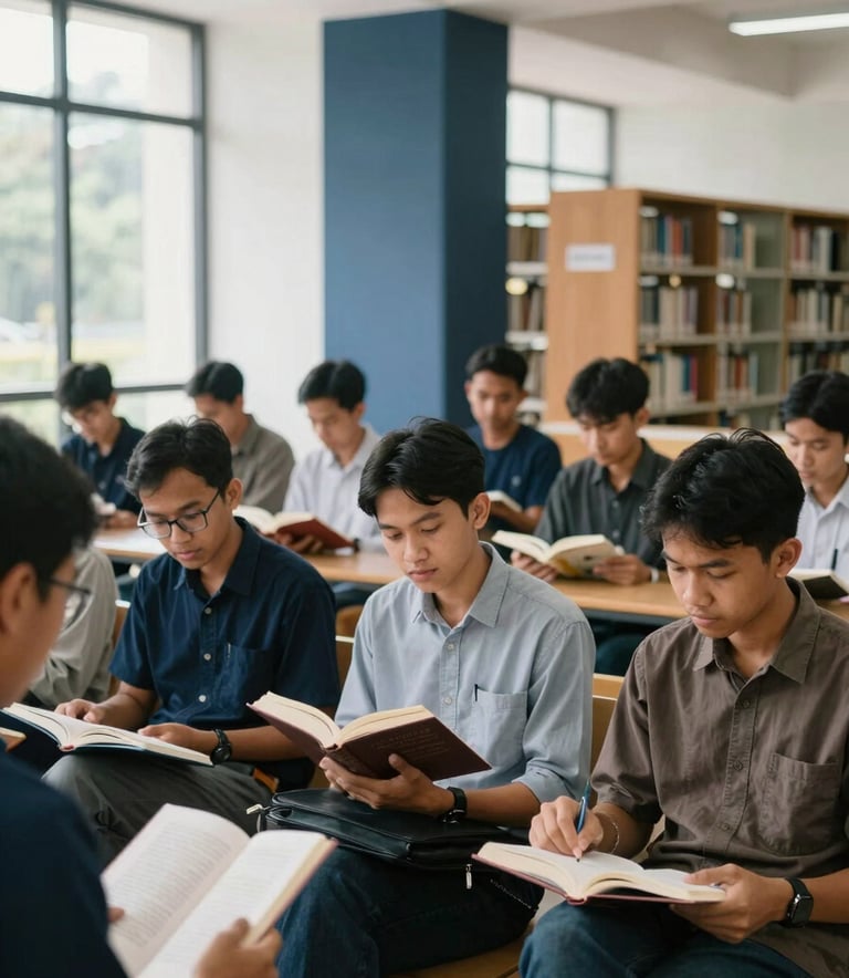 A group of Southeast Asian / Indonesian theology students studying together in a modern, sunlit library at a campus in Samarinda. They are dressed in smart-casual attire, discussing open books with expressions of focus and integrity. The atmosphere is professional and inspiring, featuring soft white walls and deep navy blue accents.