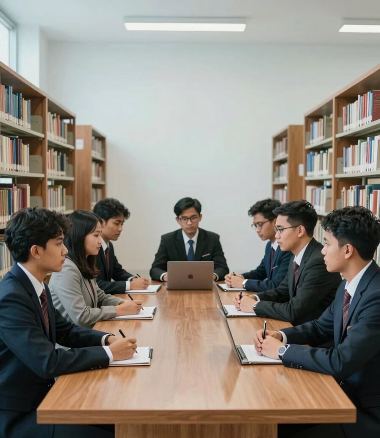 A group of Southeast Asian / Indonesian young adults in professional attire sitting around a large wooden table in a brightly lit library, soft sky blue and pale mist white interior.