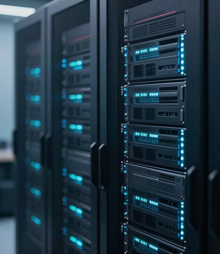 A close-up of a high-tech data server room with subtle teal and blue LED lighting, representing high performance and information security, in a clean and modern style using #0A2239 and #2B6777 tones.