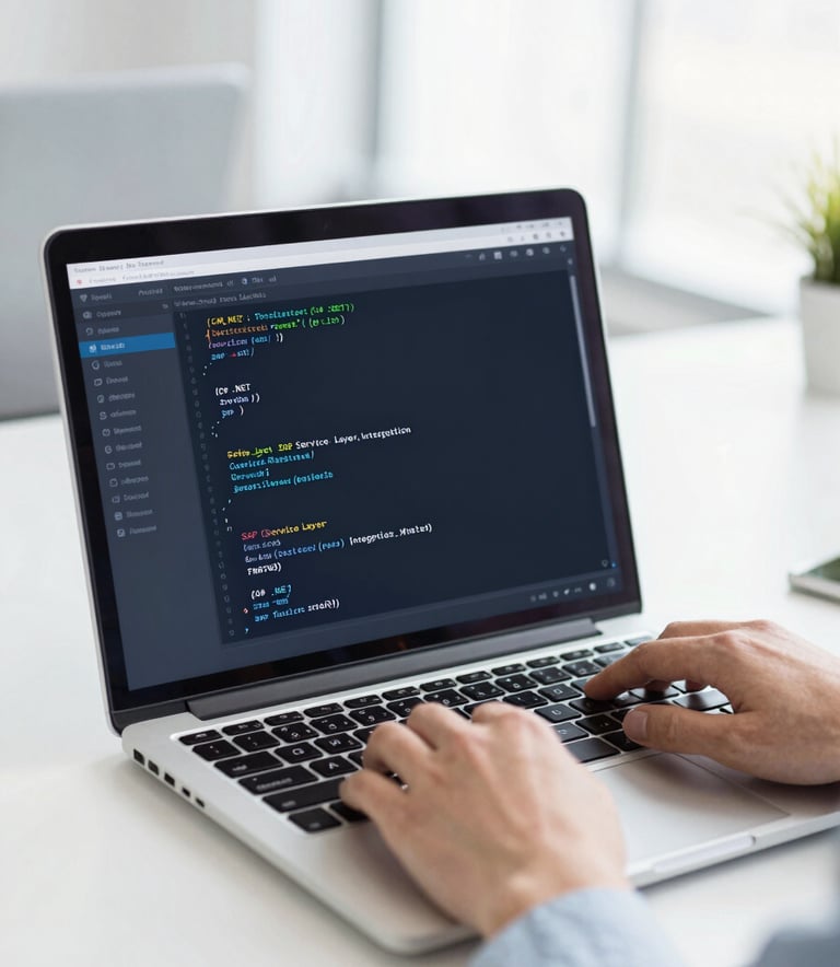 A clean, bright office setting showing a professional using a laptop with code on the screen, reflecting modern software development (C# .NET) and SAP Service Layer integration, styled with #F8F9FA and #2B6777 accents.