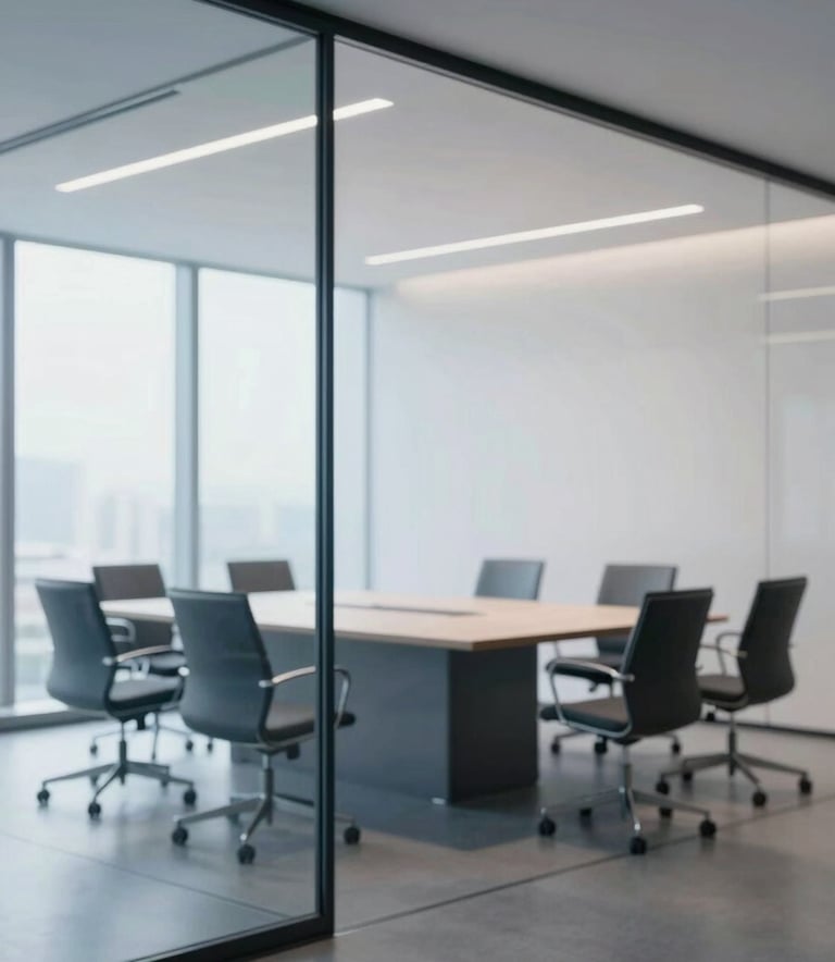 A minimalist, high-end corporate office meeting room with glass walls. A clean, modern environment that reflects professional consulting and strategic partnership. Subtle accents in #0A2239 and #2B6777 colors. Sharp, clear lighting.