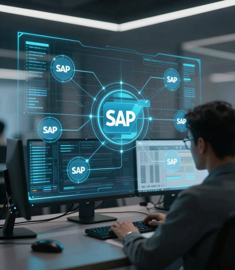 A high-tech digital interface overlaying a professional workspace, showing abstract data connections and SAP-related nodes. Lighting is cinematic and modern, using the brand palette of #2B6777 and #ADC6CC. The mood is cutting-edge and highly efficient.