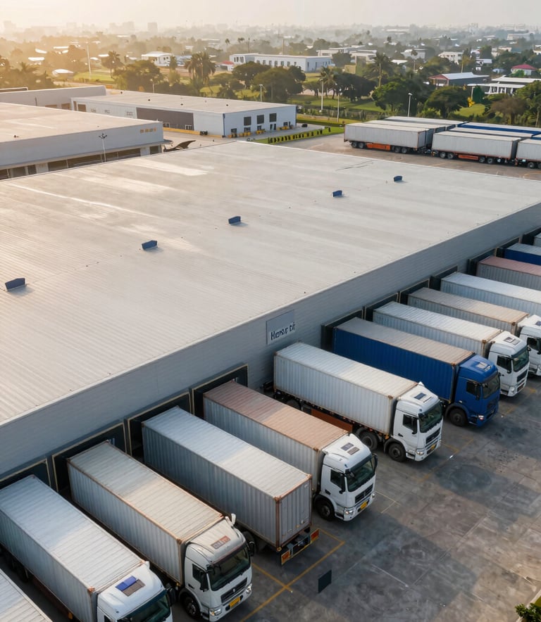 A wide-angle landscape shot of a clean, state-of-the-art logistics hub in an Indian metropolitan area. Modern cargo trucks are neatly aligned at the loading docks. The scene is bathed in morning sunlight, highlighting the efficiency and reliability of the operation.