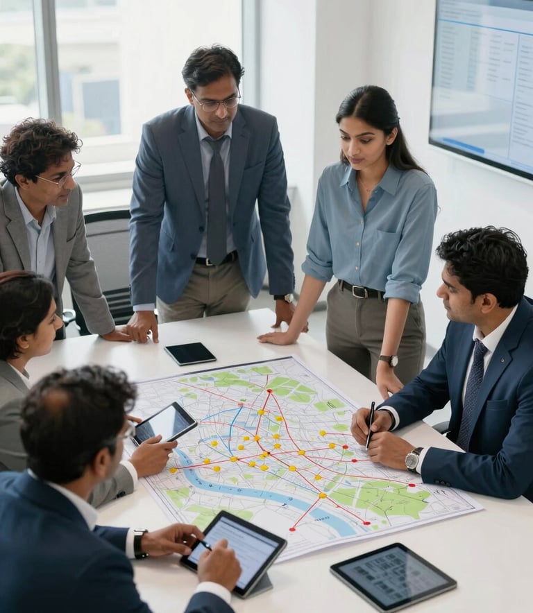 A high-angle professional photograph of a meeting room in a modern office in India. South Asian / Indian logistics experts in business attire are gathered around a table with a large map and digital tablets, discussing transportation routes. The lighting is bright and airy, using a palette of white and light blue.