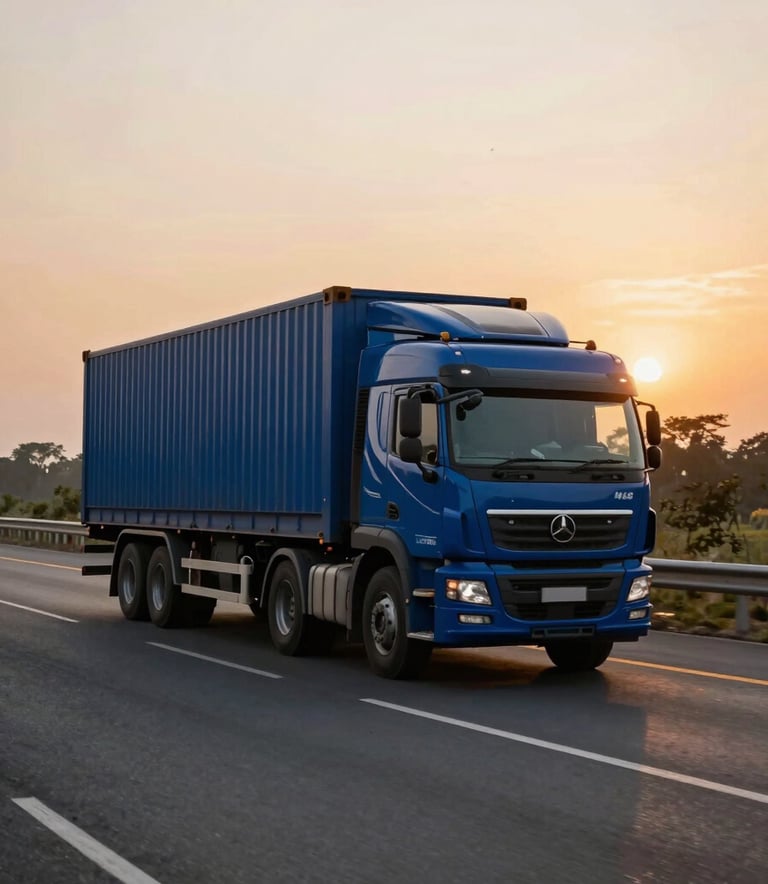 A wide-angle landscape photograph of a modern logistics truck with deep blue accents driving on a well-paved Indian highway during sunset. The lighting is warm and cinematic, symbolizing progress and efficient transportation.