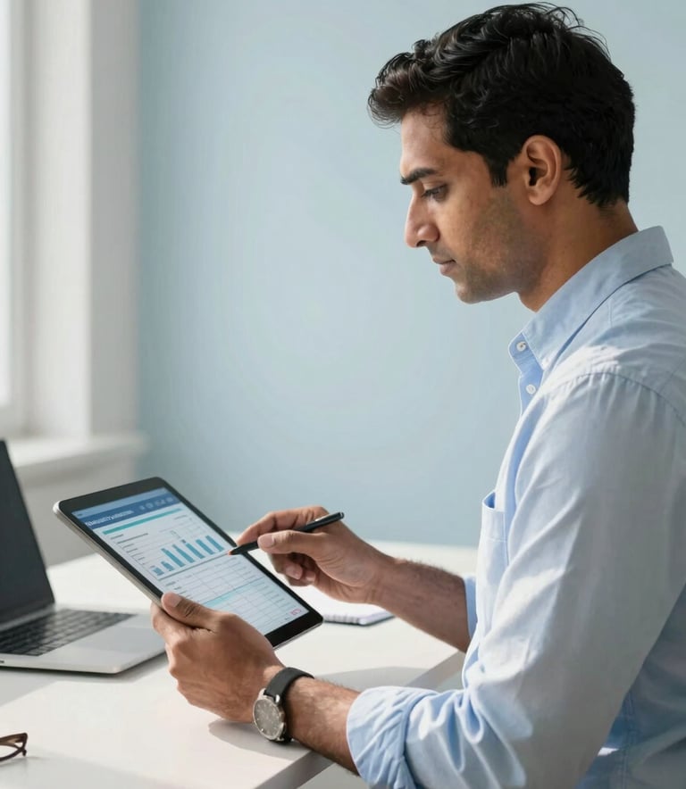 A professional South Asian consultant in a bright, modern office holding a digital tablet showing logistics data. The scene is lit with natural morning light, emphasizing a sense of reliability and expert trust. Minimalist interior with shades of pale blue and off-white.