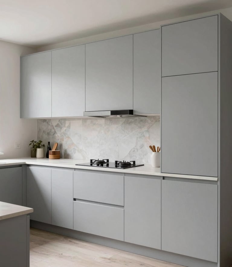 A modern Dutch kitchen with clean lines, cabinets being transformed with a premium light gray silk-finish foil, showing a clear before-and-after contrast, bright natural lighting.