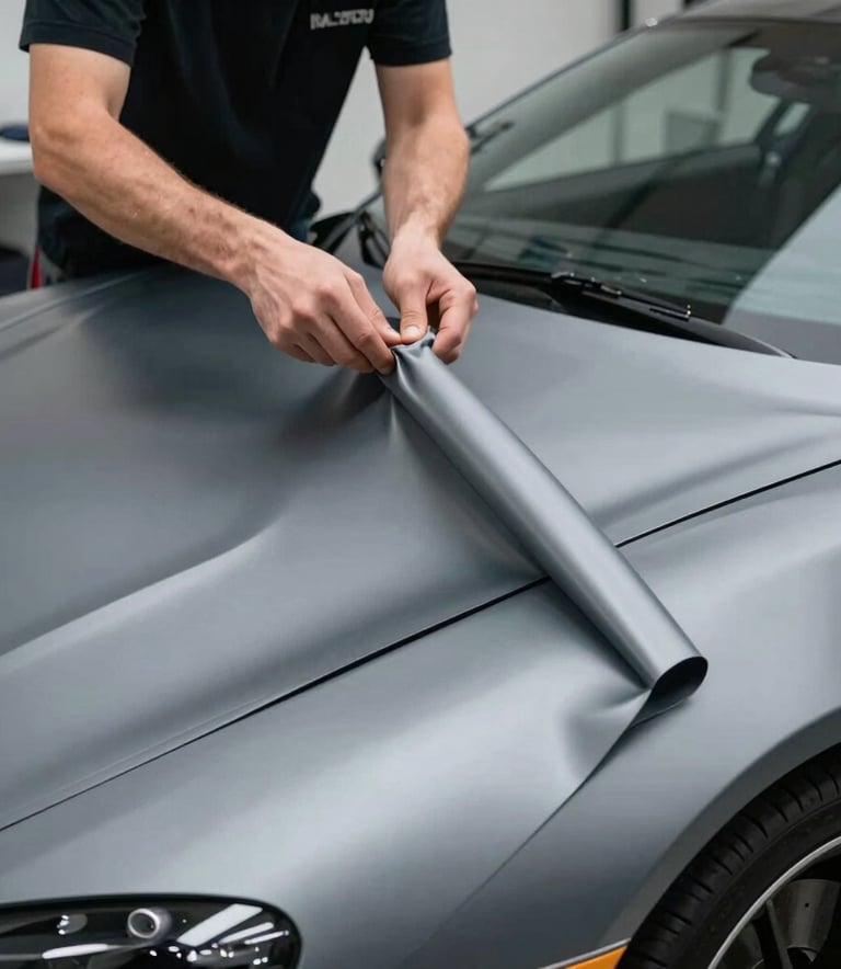 Close-up of a high-end sports car in a professional workshop, being meticulously wrapped in a premium matte grey foil. Sharp focus on the texture of the material and the hands of a professional in Northern European / Dutch workwear.