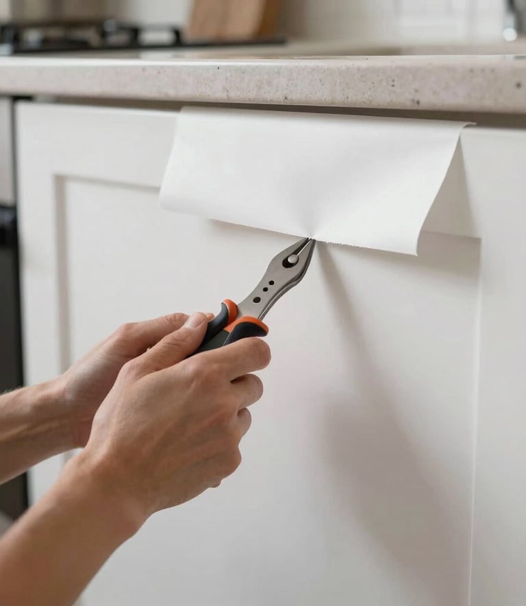 A specialist applying matte white foil to a kitchen cabinet door in a clean, brightly lit Northern European / Dutch home environment. Professional tools and precise technique visible.