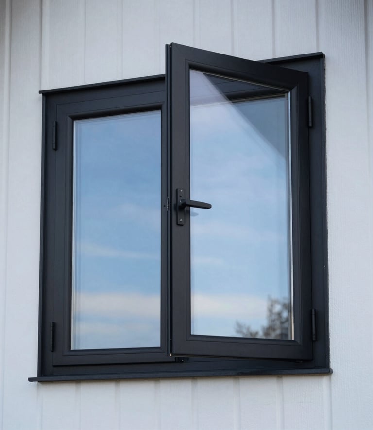 Detailed shot of sleek black-wrapped window frames on a minimalist Northern European home, reflecting a clear blue sky, premium and modern finish.