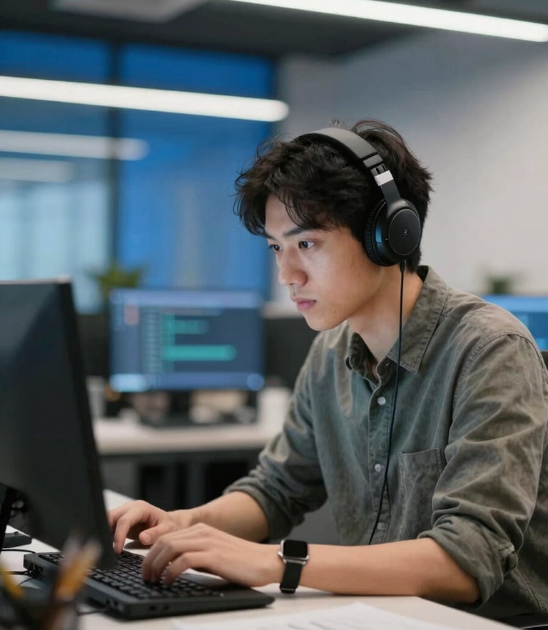 A candid shot of a software developer focused on a project in a bright, modern US office, shallow depth of field, with soft Deep Blue highlights on architectural elements in the background.