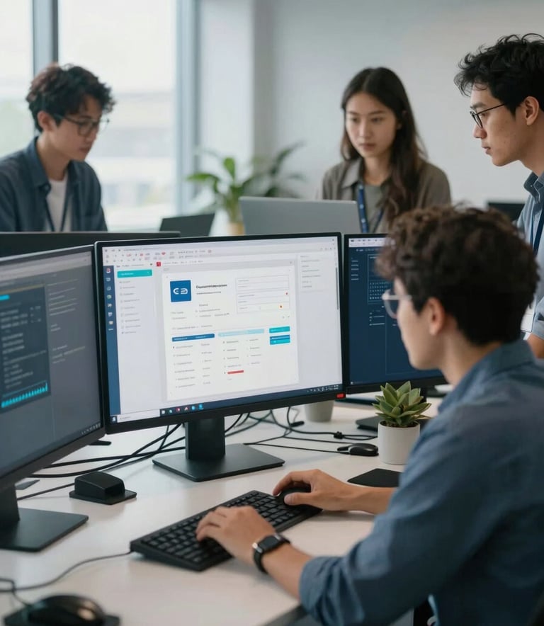 A professional North American office setting where a team of software engineers collaborates around a large monitor showing clean user interface designs. The atmosphere is innovative and bright with natural window light and a sophisticated, modern tech aesthetic. Palette includes deep blue and light grey tones.