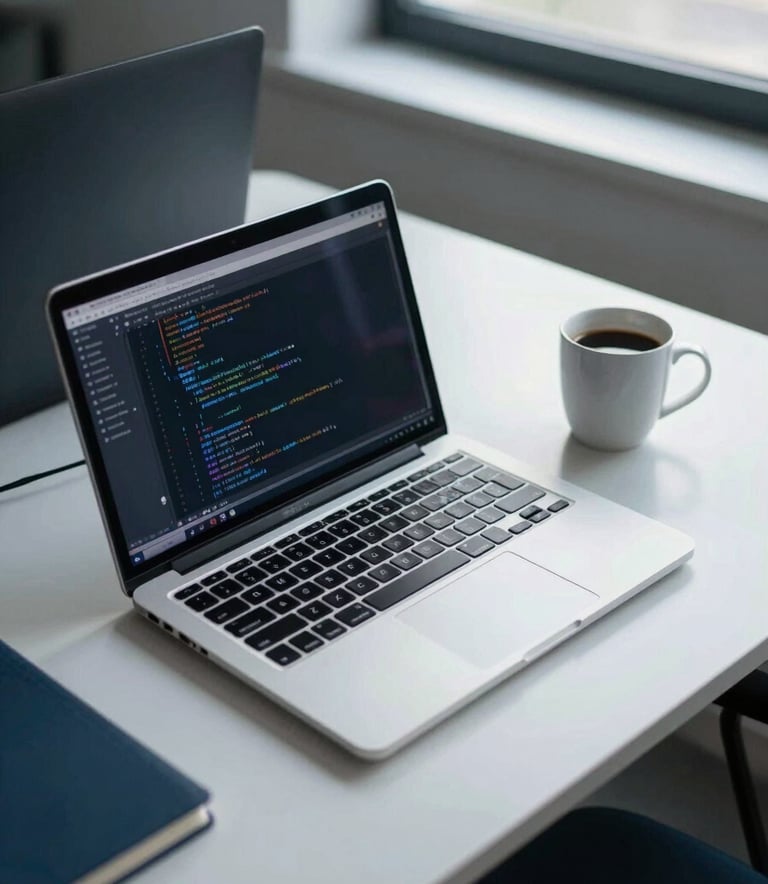 A high-angle professional photograph of a software engineer's desk in a North American corporate office, featuring a sleek laptop showing lines of code, a coffee mug, and soft morning light filtering through a window, with Sky Blue and Dark Navy tones in the room.