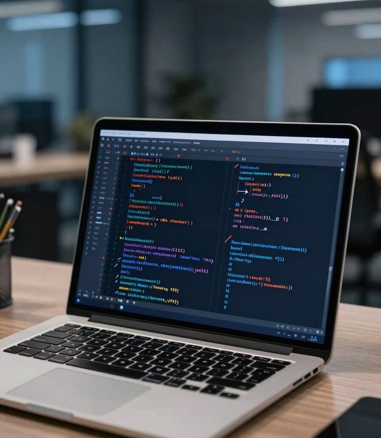 A detail photography shot of a professional programmer's desk in a modern US office. A high-resolution laptop screen displays complex API structures and backend code. The background features soft bokeh of a sophisticated workspace with cool, technological lighting in dark navy and medium blue.