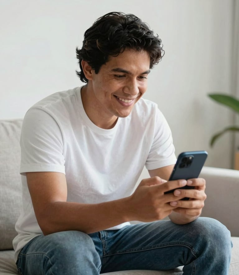 A South American patient sitting comfortably in a bright, clean living room in Colombia, holding a smartphone and smiling as they participate in a digital medical orientation. Airy and bright atmosphere.