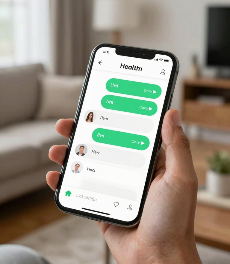 A sleek, digital-native health application interface shown on a smartphone held by a patient in a bright South American living room, focusing on a clean white and vibrant green chat dashboard.