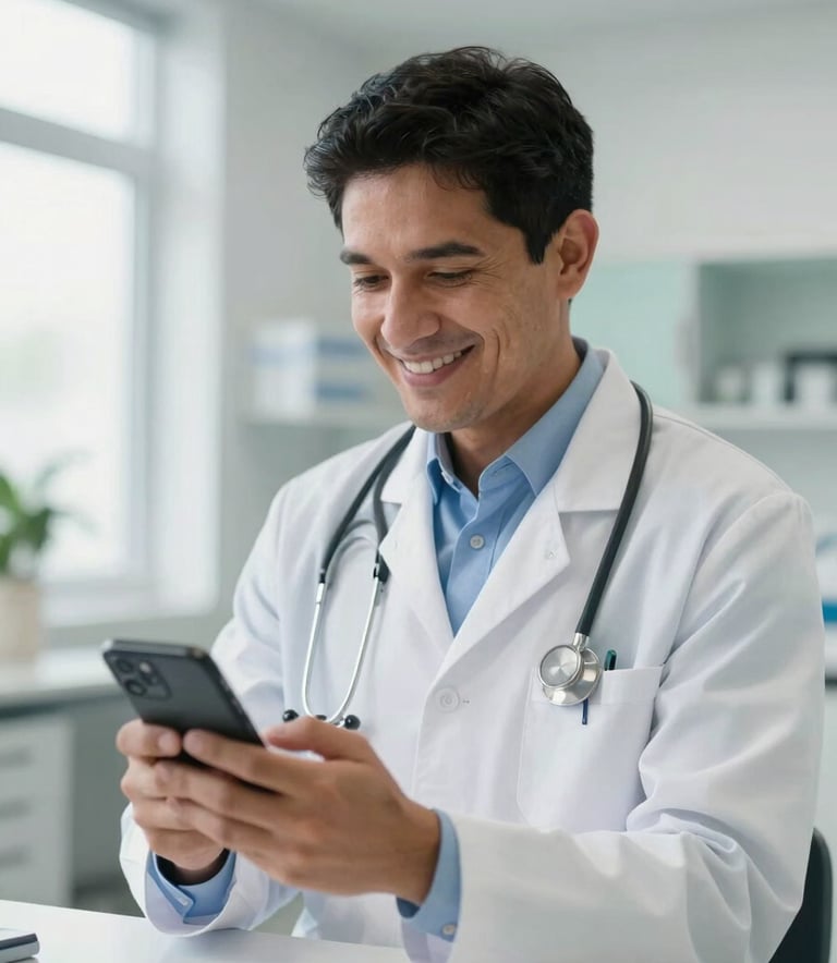 A professional South American doctor in a bright, modern clinic setting, smiling while looking at a smartphone. The scene is airy and clean, with soft natural light and subtle green accents in the background.