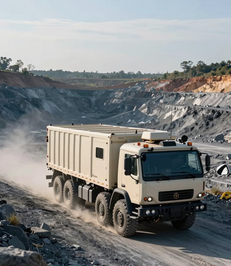A high-security tactical escort vehicle leading a heavy transport convoy through a vast open-pit mining landscape, photography at sunrise, professional and authoritative tone, global professional setting, palette includes dark blue and off white.