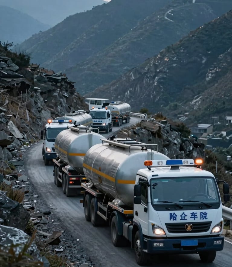 A professional security escort vehicle leading a convoy of industrial tankers through a rugged mountain pass. The atmosphere is authoritative and secure, featuring muted blue and charcoal grey colors. Global / Professional setting.