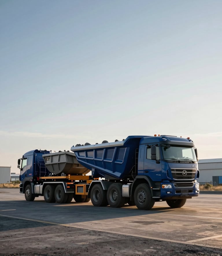 A wide-angle professional photograph of a heavy-duty logistics truck carrying mining equipment across a vast industrial landscape. The lighting is early morning sun, casting long shadows. The color palette features deep navy blue and steel grey tones. Global / Professional setting.