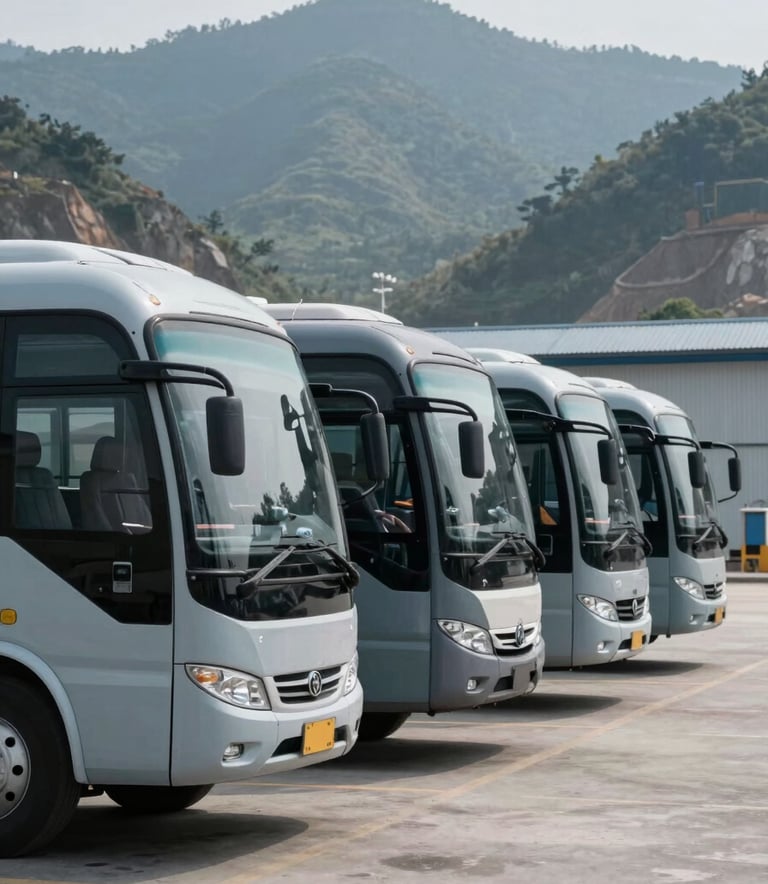 A fleet of specialized personnel transport buses parked in a professional row at a remote mining facility, mountains in the distance, crisp focus, blue grey and light blue grey tones, professional photography.