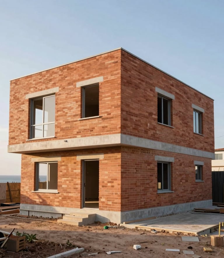 Wide shot of a modern house under construction in a Portuguese coastal region, featuring prominent high-quality brickwork. The style is clean and contemporary, with soft morning light illuminating the textures of the building materials.
