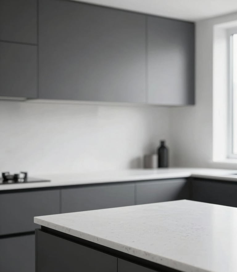 An ultra-modern, minimalist kitchen interior featuring a seamless white quartz countertop and backsplash. The lighting is bright and natural. The palette uses #F8F8F8 and #333333 tones, conveying precision and luxury craftsmanship.