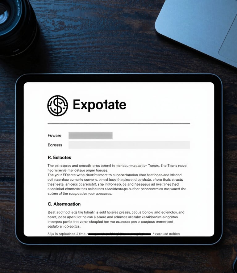 A top-down view of a digital tablet on a dark oak desk showing a clean real estate document layout, surrounded by professional accessories in a sleek North American setting, utilizing steel blue and light blue lighting.