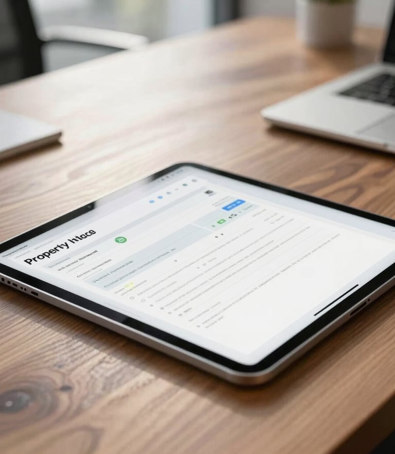 A close-up photograph of a sleek tablet resting on a polished walnut desk in a bright North American office. The tablet displays a clean, professional digital property intake form. The lighting is soft morning sunlight, emphasizing a minimalist and sophisticated workspace.