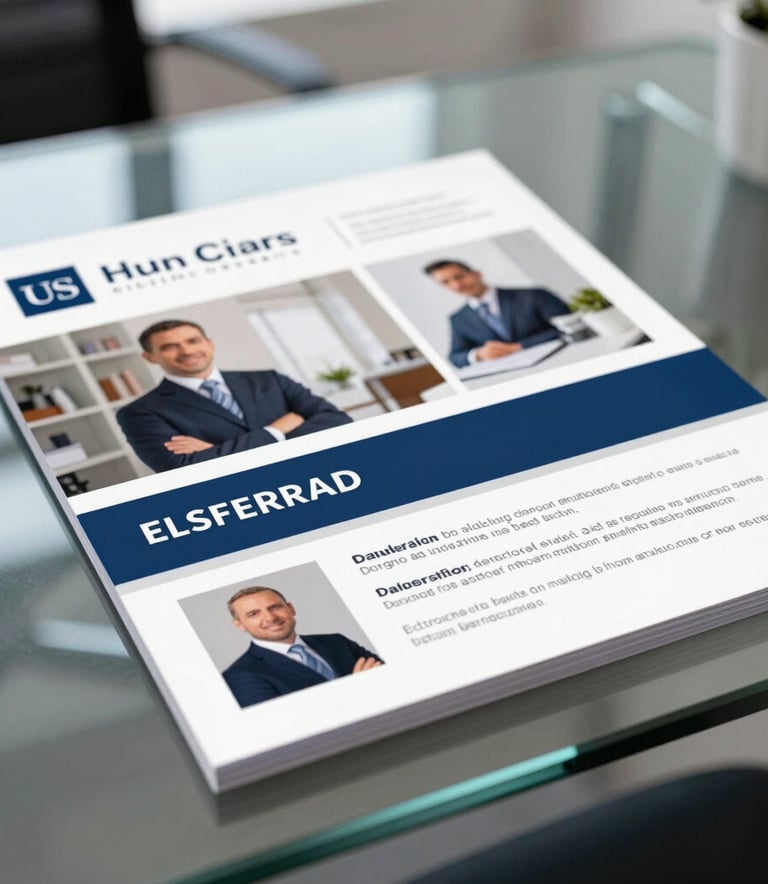 Close-up of a high-quality professional marketing flyer resting on a glass table in a modern US real estate office, with sharp focus and professional steel blue accents.