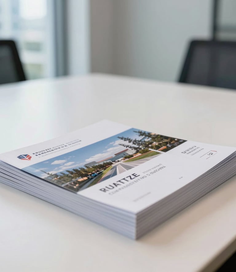 A clean interior photograph of a high-end corporate meeting room in a modern North American office building. The focus is on a neatly organized stack of professional printed real estate guides and booklets on a white table, suggesting quality and reliability.