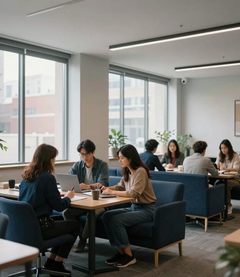 Photography of a bright, modern co-working space in a North American city. People are collaborating in a clean environment with dark blue furniture and light gray walls, with large windows letting in natural light.
