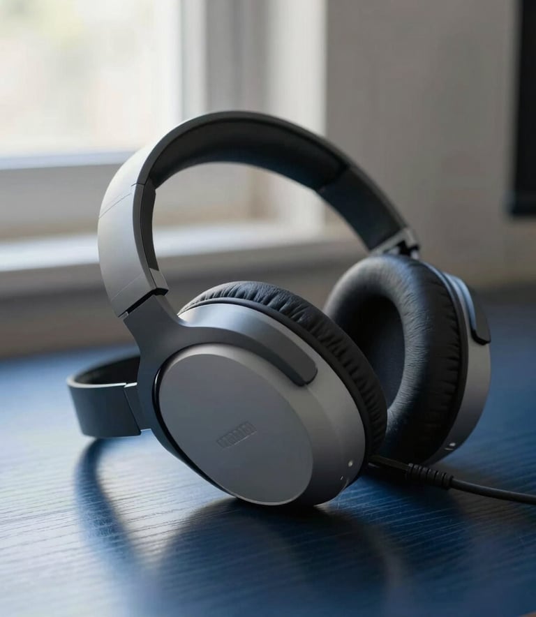 Close-up photography of a sleek, minimalist gaming headset resting on a dark blue wooden desk. Natural light from a nearby window in a North American home. The color palette includes soft grays and deep blues.
