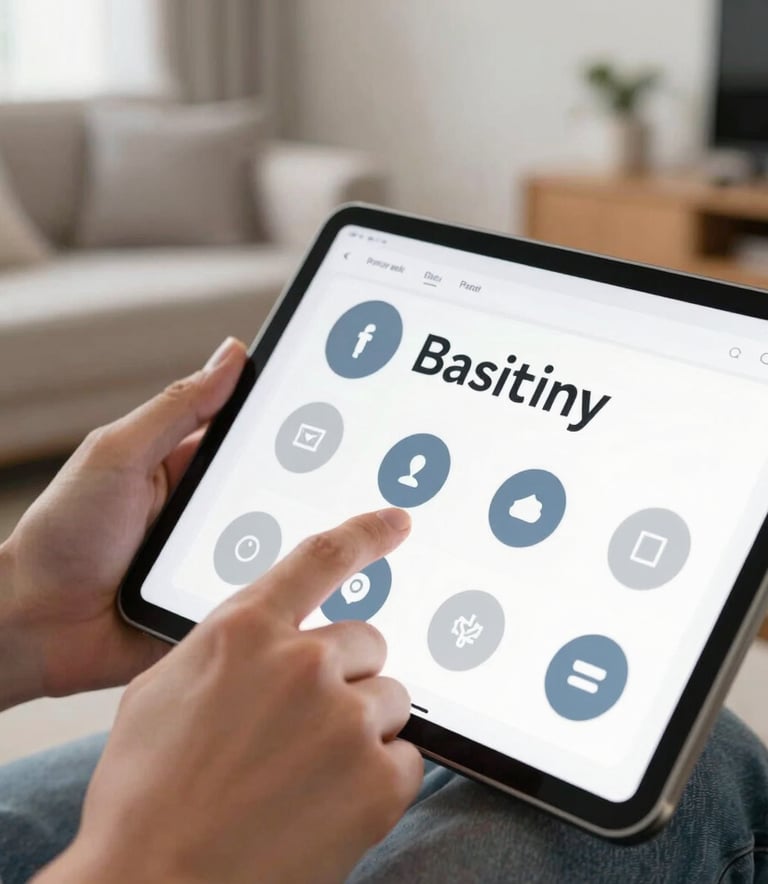 A close-up of a person's hands in a brightly lit North American living room, using a tablet to scroll through a minimalist game library with clean typography and soft blue and gray icons.