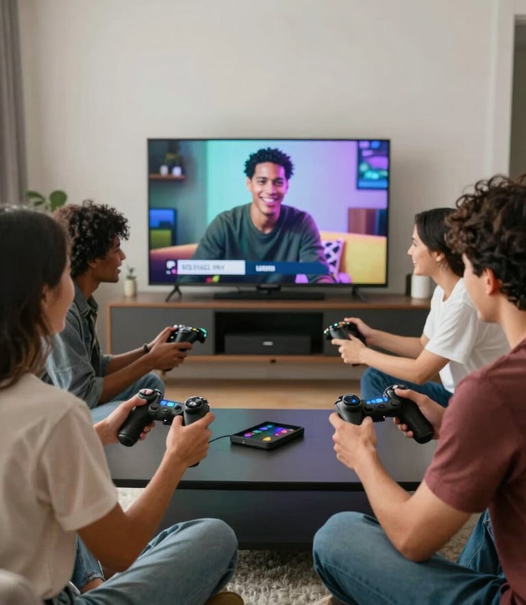 A group of diverse friends in a modern North American apartment, smiling and interacting while playing a cooperative video game on a large screen, creating a sense of connection.